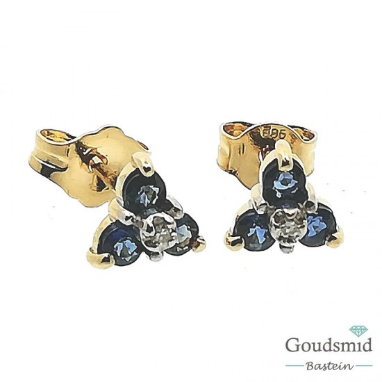 Geelgouden oorknoppen 14karaat saffier/briljant 3861
